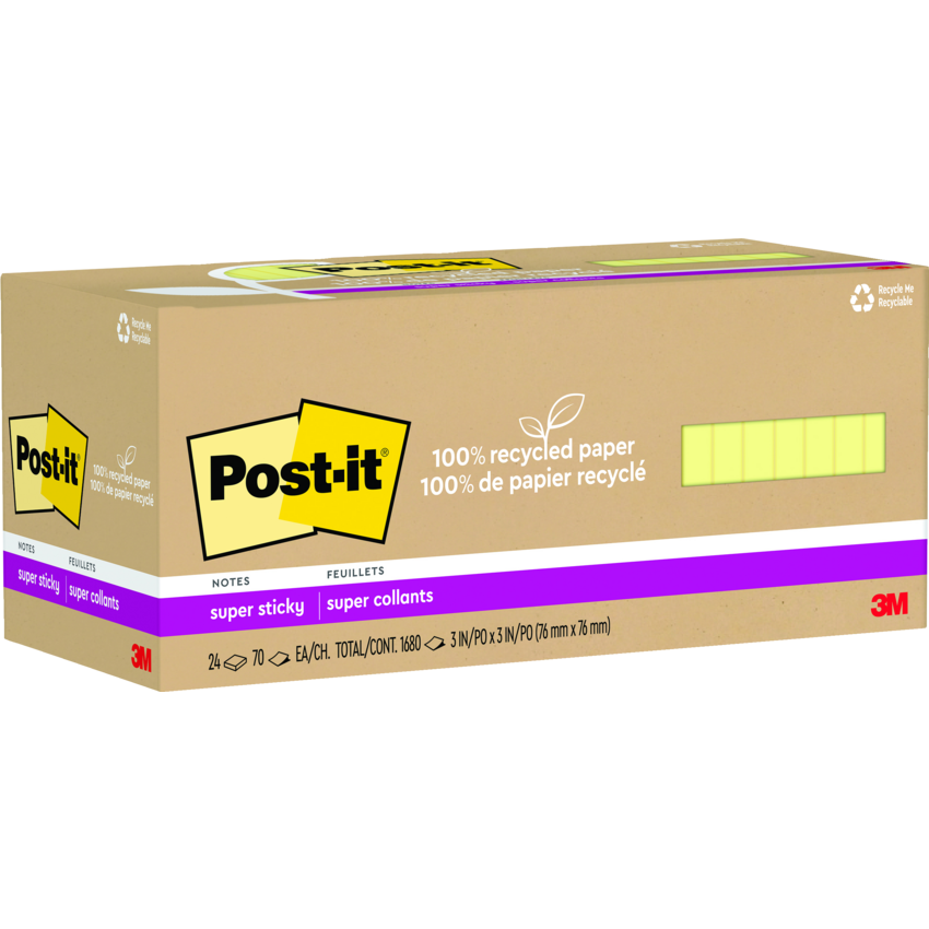 Post-it® 100% Recycled Super Sticky Notes 3” x 3” 70 sheets per pad Canary Yellow™ 24 pads/pkg