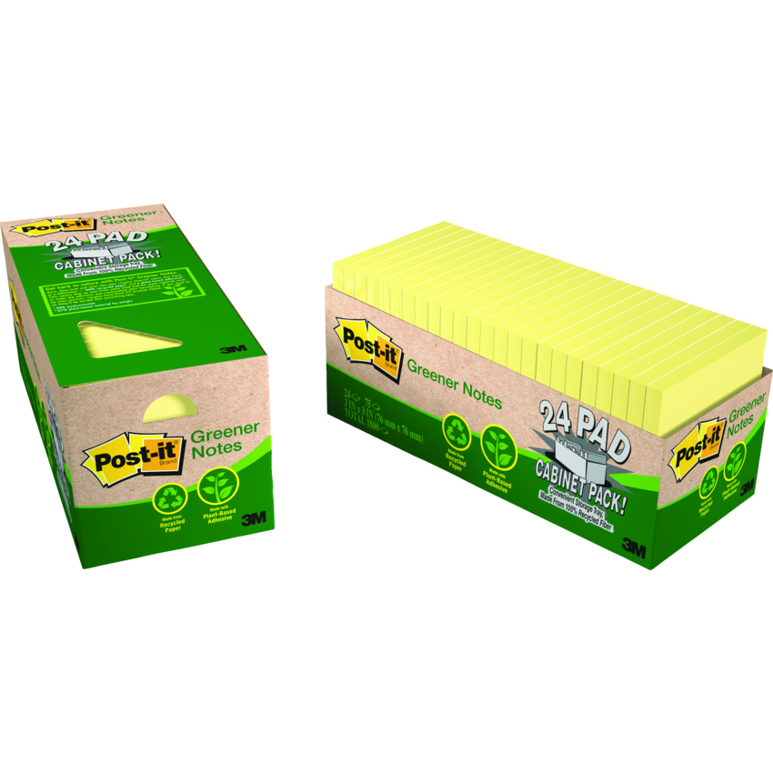 Post-it® Greener Notes 3" x 3" 100 sheets per pad Canary Yellow 24 pads/pkg
