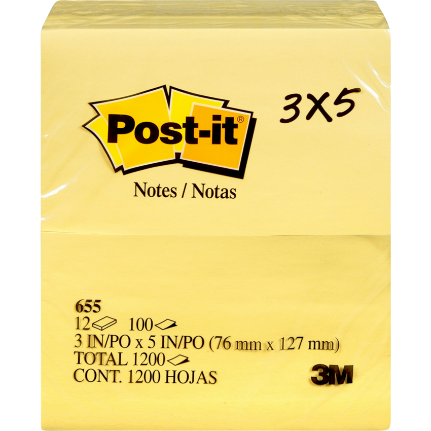 Post-it® Notes 3" x 5" 100 sheets per pad Canary Yellow™ 12/pkg