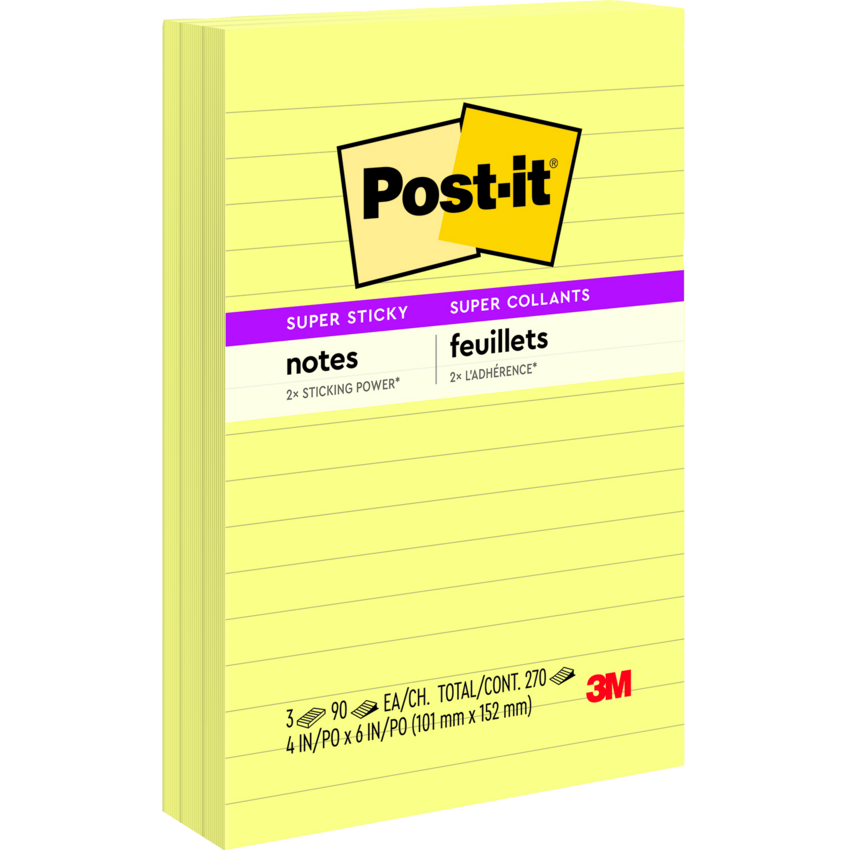 Post-it® Super Sticky Notes 4" x 6" Lined 90 sheets per pad Canary Yellow™ 3 pads/pkg