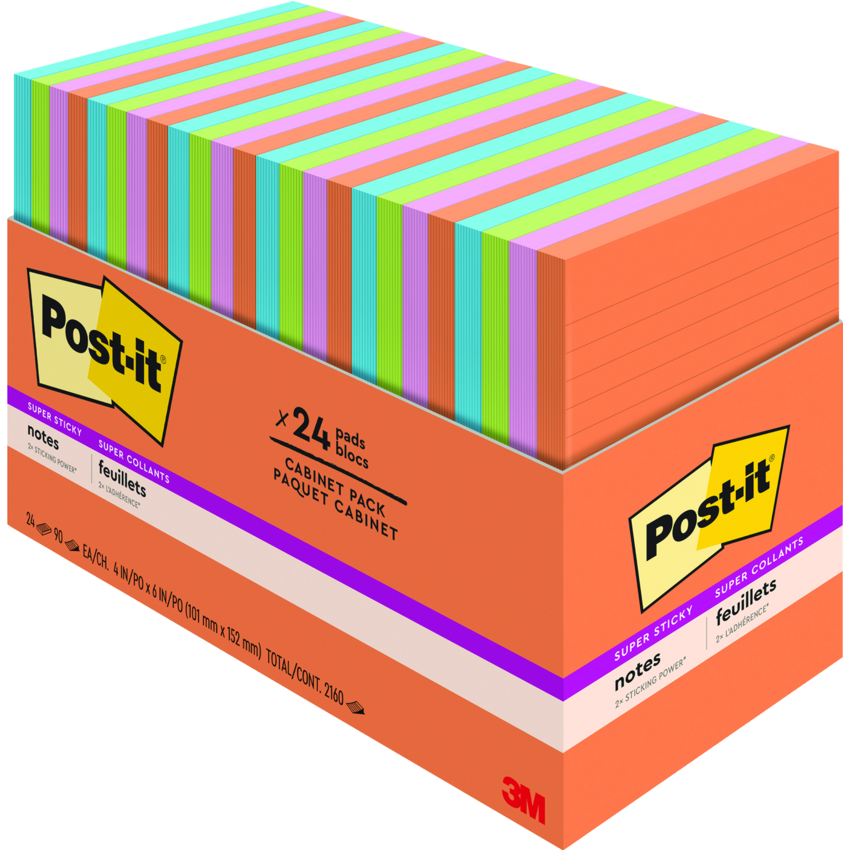 Post-it® Super Sticky List Notes Cabinet Pack Lined 4" x 6" Assorted Energy Boost Colours 24 pads/pkg