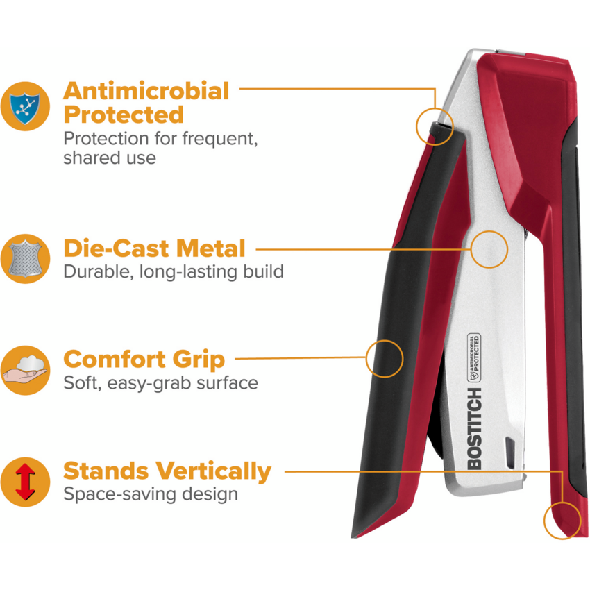 Bostitch InPower™ Spring-Powered Antimicrobial Premium Desktop Stapler Full Strip 28 Sheet Red and Silver