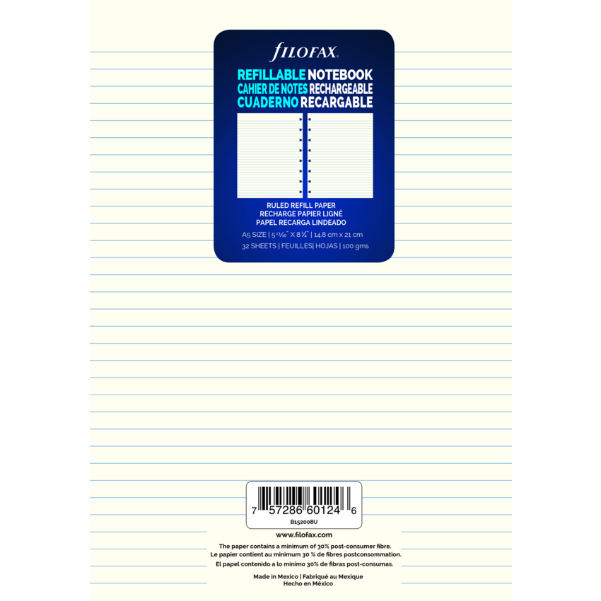 Filofax® Refill Sheets Ruled 8-1/4" x 5-13/16" Cream 32 sheets/pkg