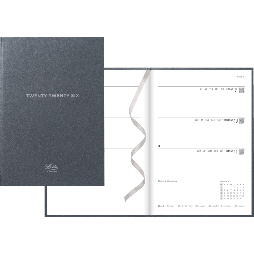 Letts® Titanium Weekly Planners Hard Metallic Cover 12 months 8-1/4" x 5-7/8" Multilingual Charcoal