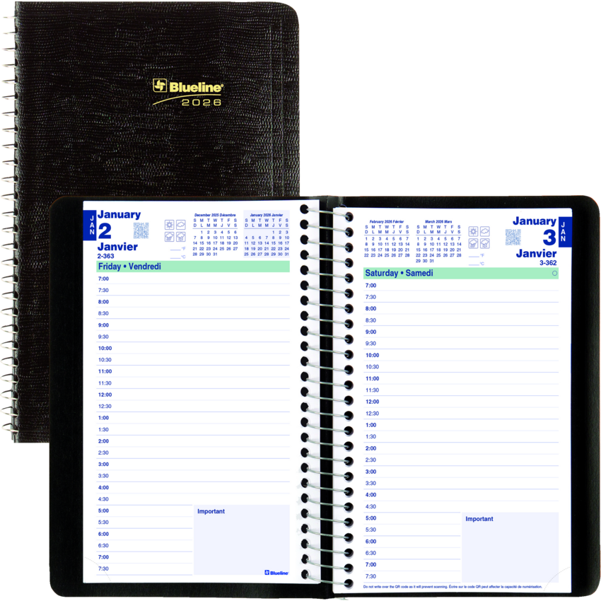 Blueline® Essential Daily Diary Spiral Bound Soft Cover 8" x 5" Bilingual Black