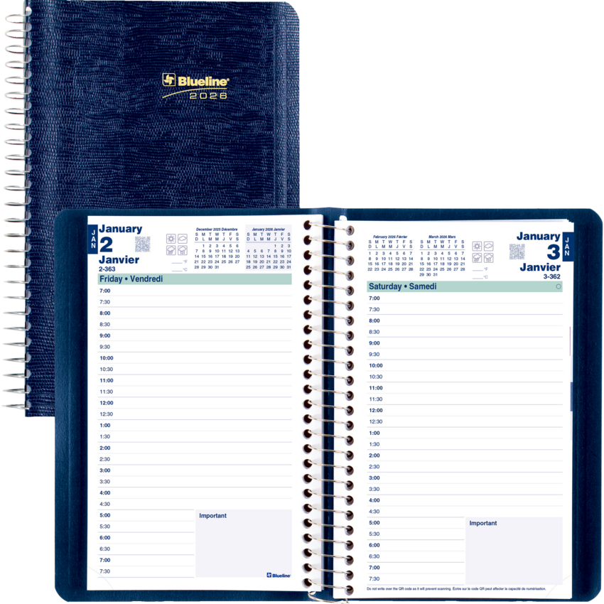 Blueline® Essential Daily Diary Spiral Bound Soft Cover 8" x 5" Bilingual Blue