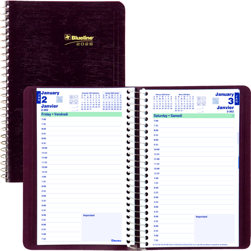 Blueline® Essential Daily Diary Spiral Bound Soft Cover 8" x 5" Bilingual Burgundy