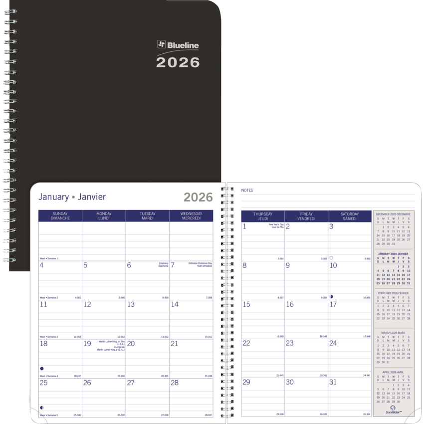 Blueline® DuraGlobe? Monthly Planner 8-7/8" x 7-1/8" Bilingual Black