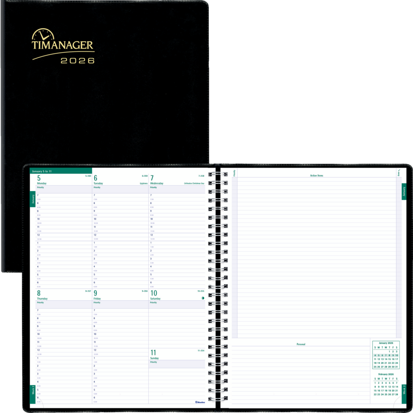Blueline® Timanager® Weekly Planner 11x8-1/2" English Black