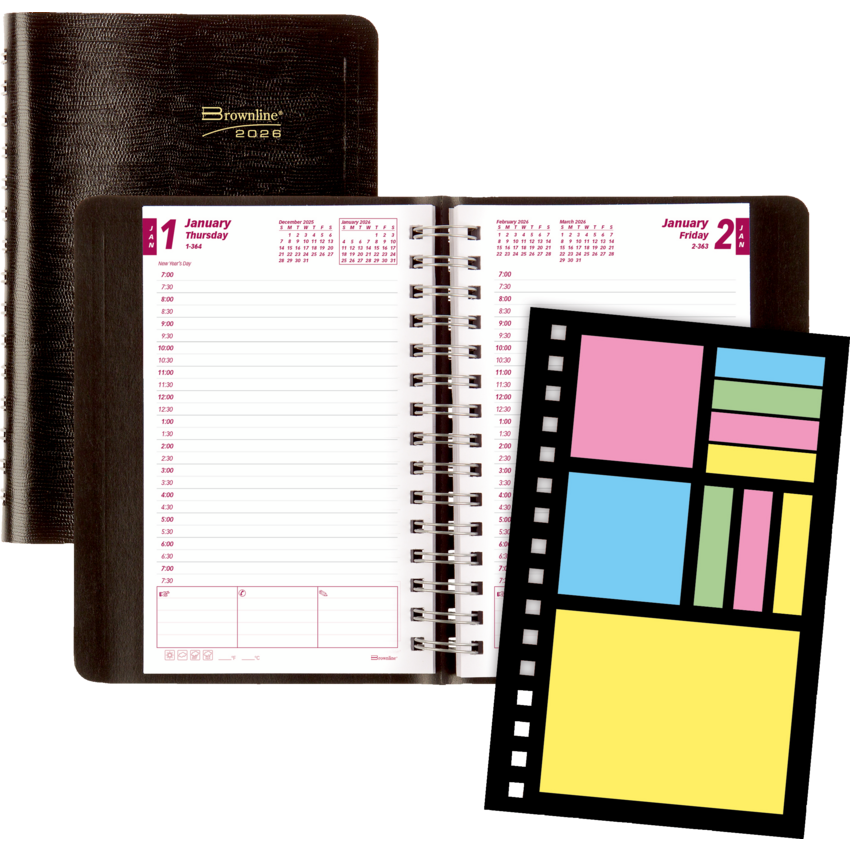 Brownline® Essential PlannerPlus™ Daily Diary Twin Wire Soft Cover 8x5" English Black