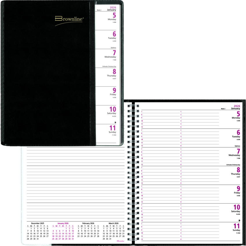 Brownline® Pre-Vu Weekly Planner 12 months 11" x 8-1/2" English Black