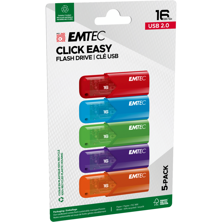 Emtec™ Click Easy USB 2.0 Flash Drives 16 GB Assorted Colours 5/pkg