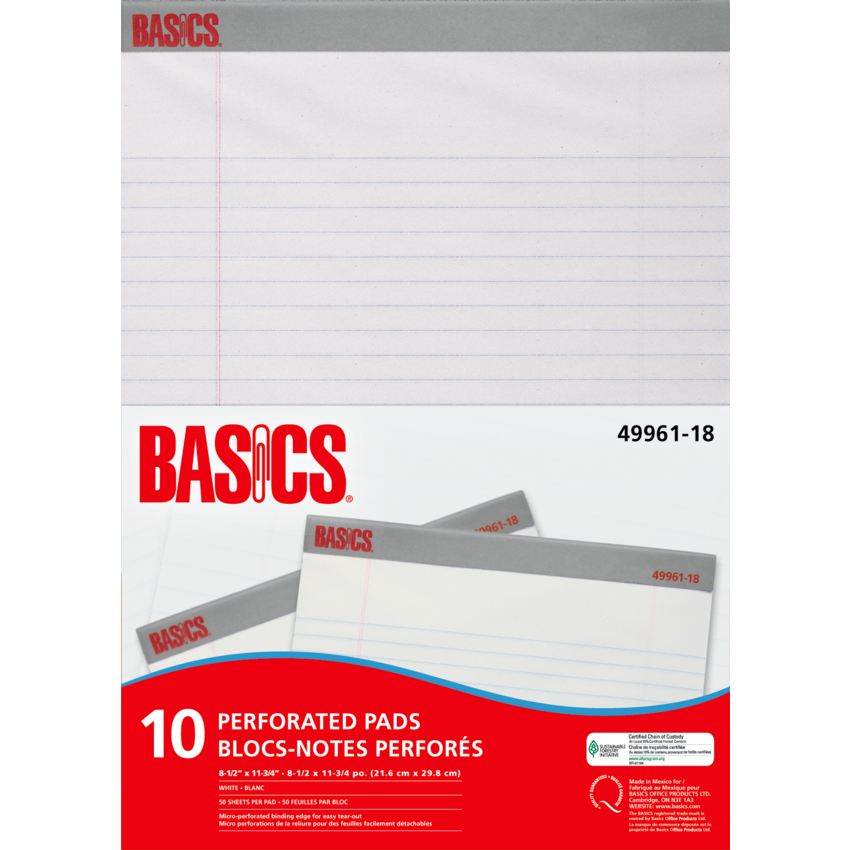 Basics® Perforated Pads 8-1/2x11-3/4" White 50shts/pad 10 pads/pkg