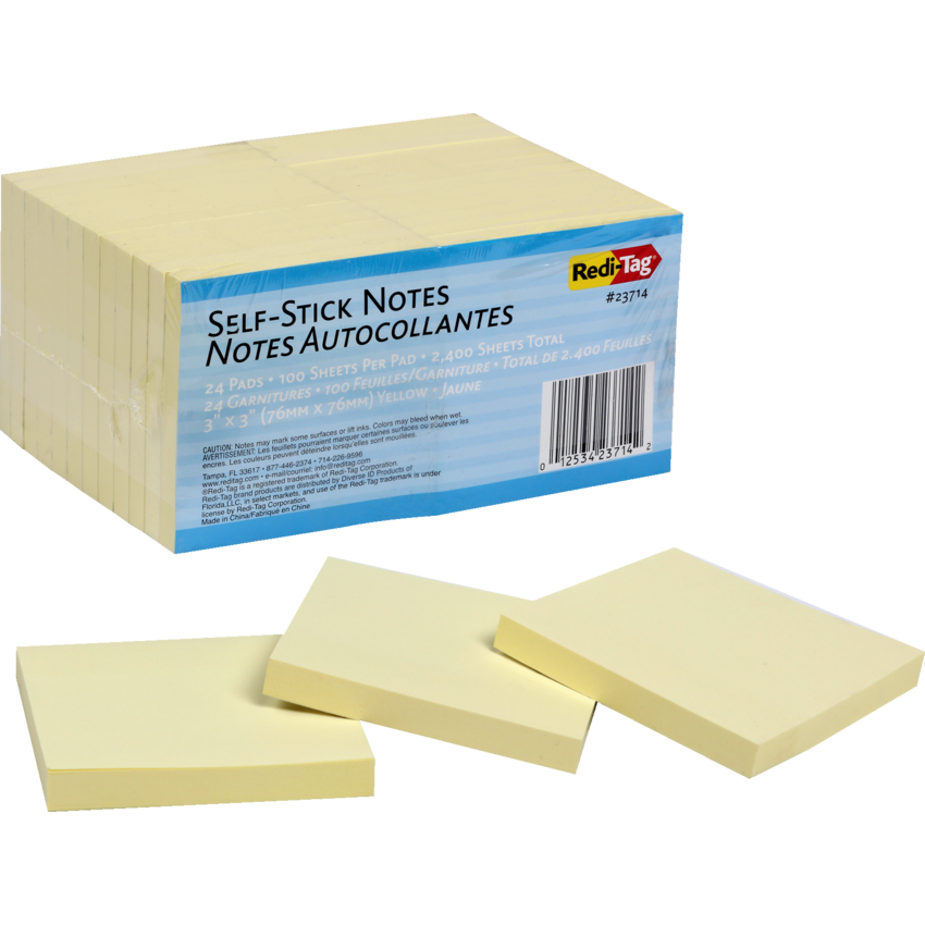 Redi-Tag® Self-Stick Notes 3" x 3" 100 sheets per pad Yellow 24 pads/pkg