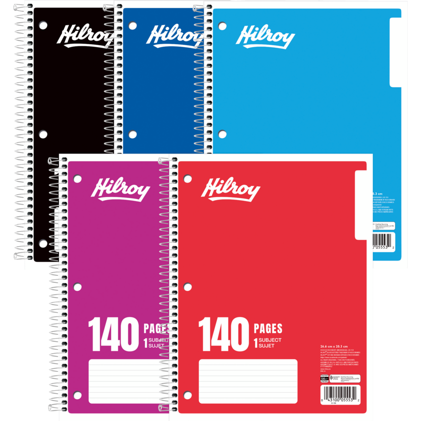 Hilroy 1 Subject Notebook Coil Bound 10-1/2” x 8” 140 Pages