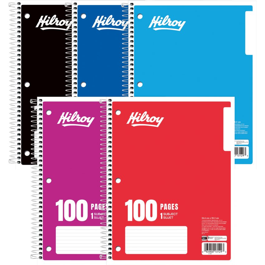 Hilroy 1 Subject Notebook Coil Bound Three-hole Punched 10-1/2x8" 100 pages