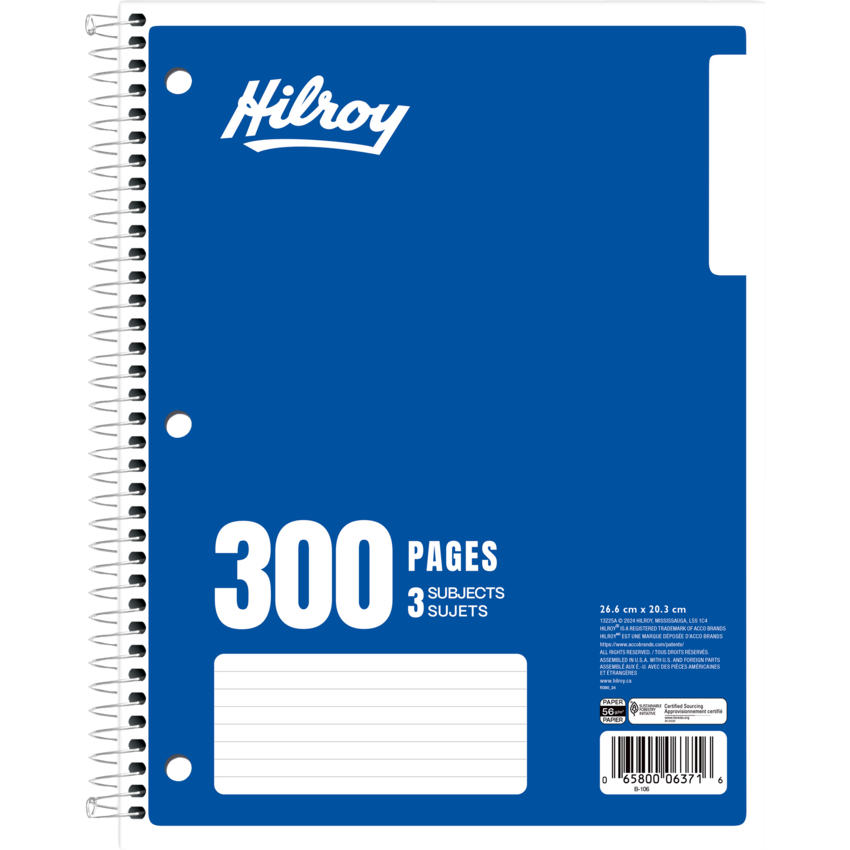 Hilroy 3-Subject Notebook Wide Ruled 10-1/2" x 8" 300 Pages Blue