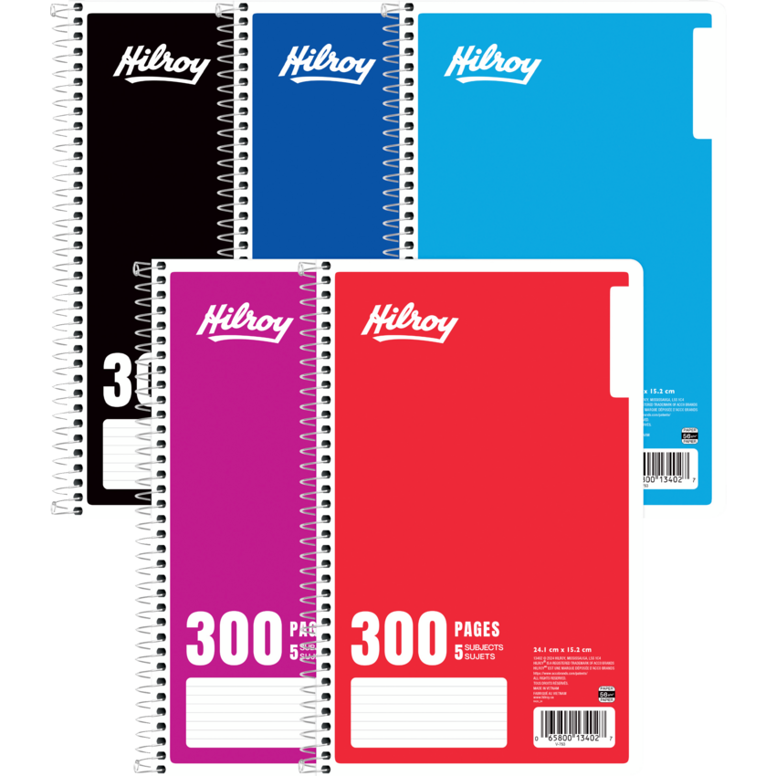 Hilroy 5-Subject Notebook Ruled 300 pages 9-1/2" x 6" Assorted Colours
