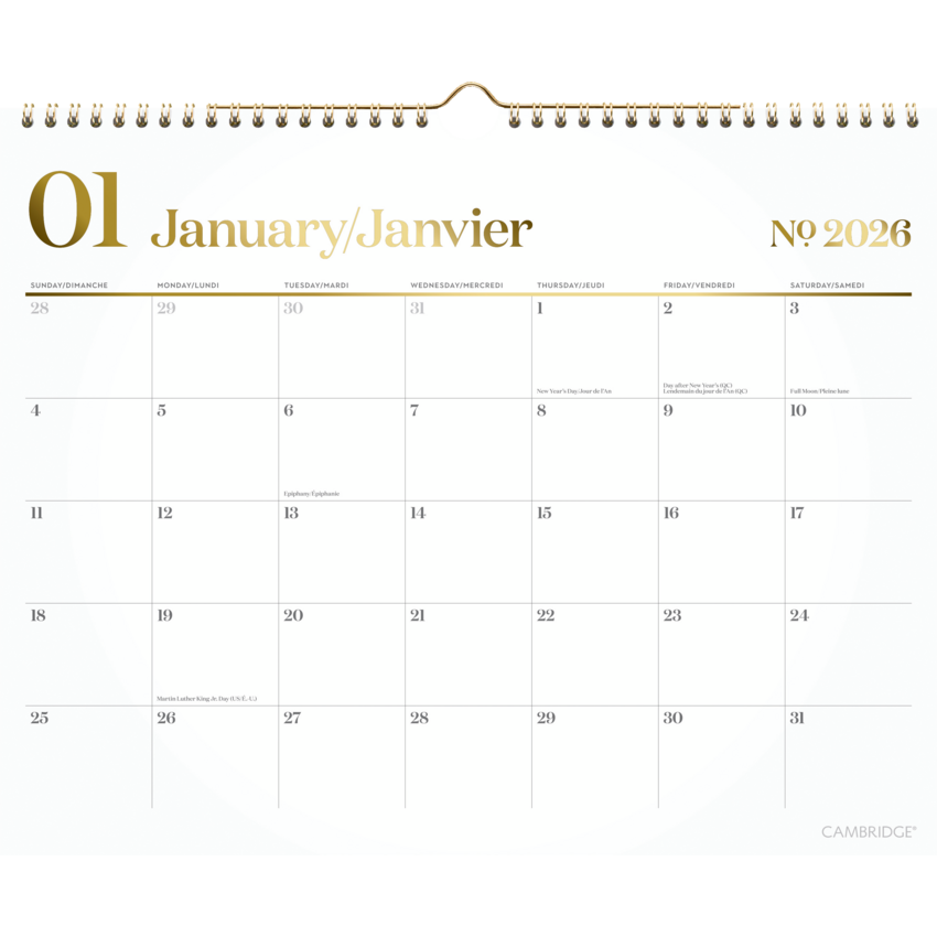 Cambridge® WorkStyle™ Wall Calendar 15" x 12" Bilingual White/Gold