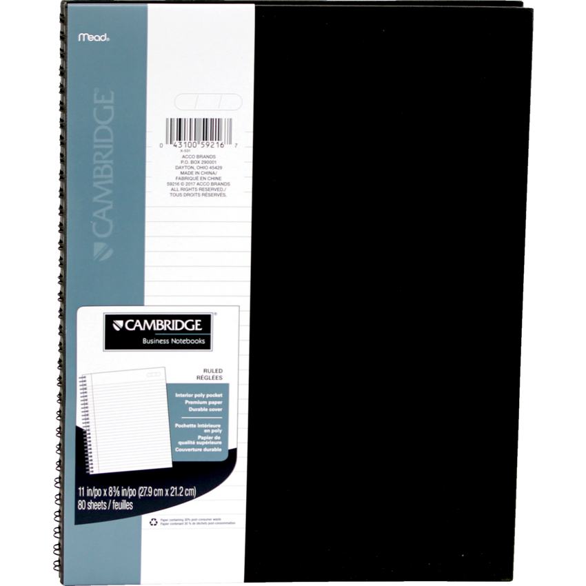 Cambridge® Wirebound Hard Cover Notebook 8-3/8" x 11" 160 pages Black