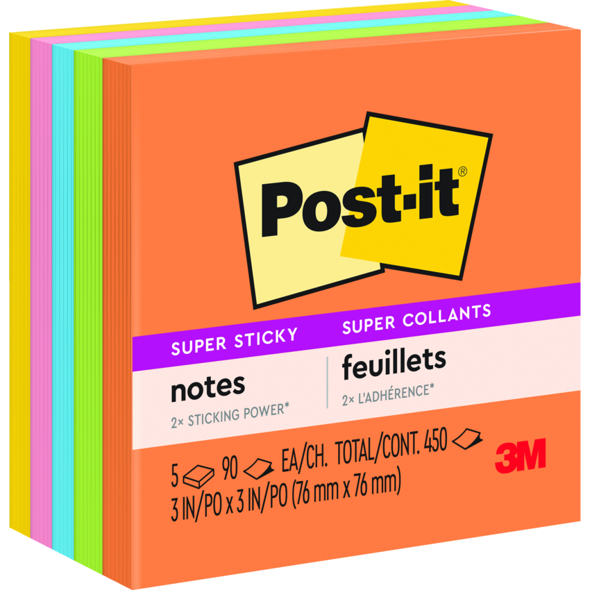 Post-it® Super Sticky Notes 3" x 3" 90 sheets per pad Assorted Energy Boost Colours 5 pads/pkg