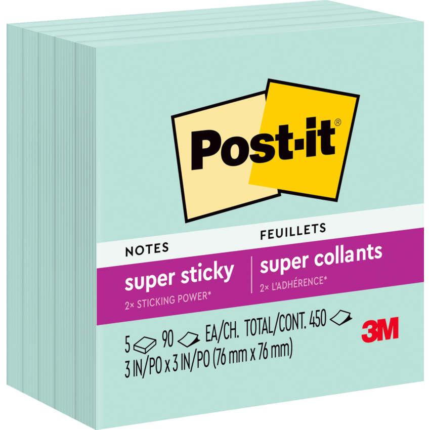 Post-it® Notes Cubes 3" x 3" 90 Sheets Fresh Mint 5 pads/pkg