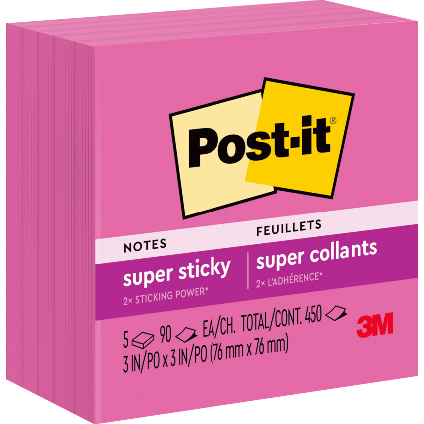 Post-it® Notes Cubes 3" x 3" 90 Sheets Power Pink 5 pads/pkg