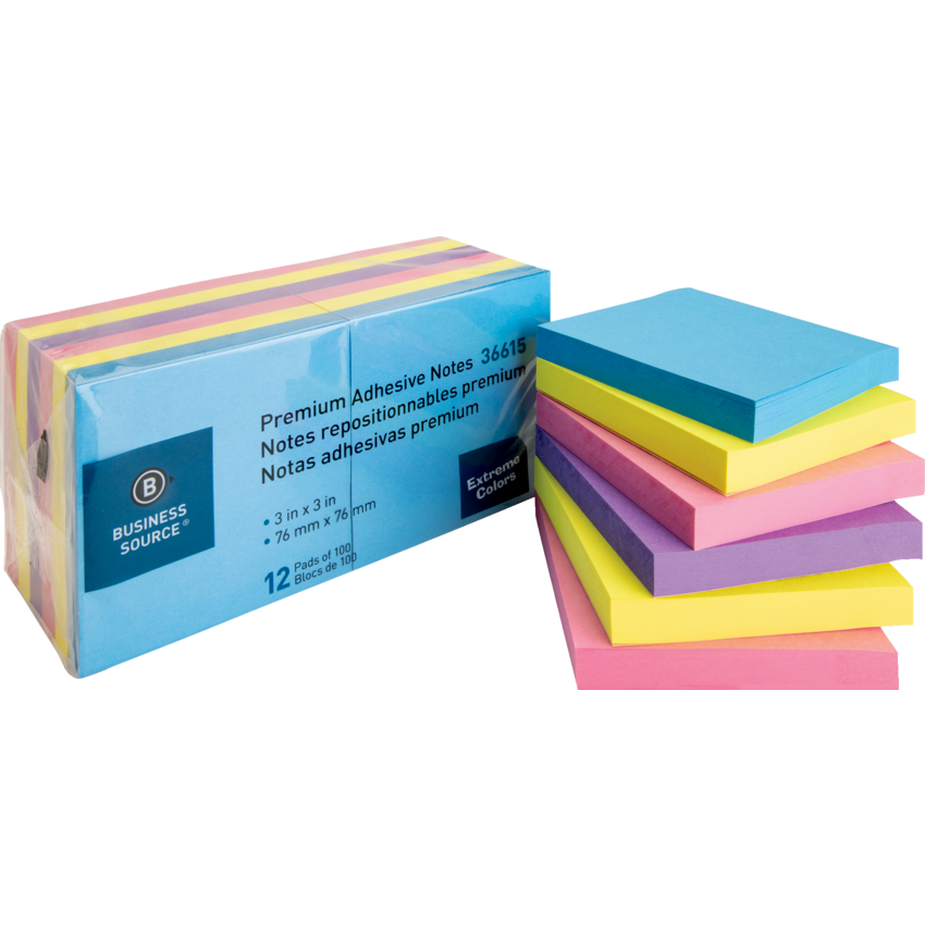 Business Source® Adhesive Notes 3"x 3" 100 sheets Assorted Bright Colours 12 pads/pkg